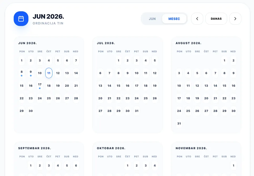 Kalendar zakazivanja termina u DentFlow aplikaciji